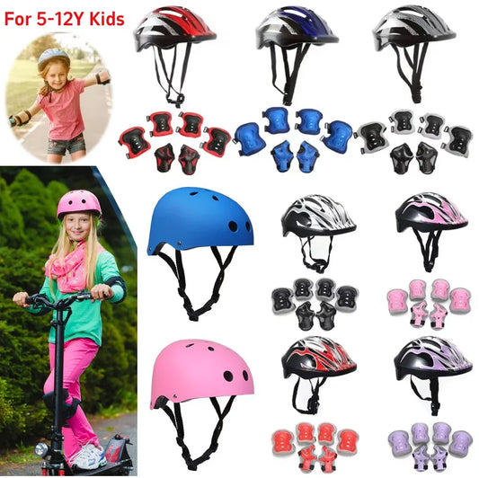 Kids Safety Bike Helmet + Knee and Elbow Pad Set Breathable 48-55cm for Ages 5-12 Years
